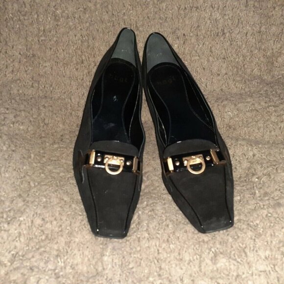 HOGL-Black Suede-Gold Embellishment on Vamp-Gorgeous-Small Heel-Sz 12-Near Mint - Picture 3 of 7